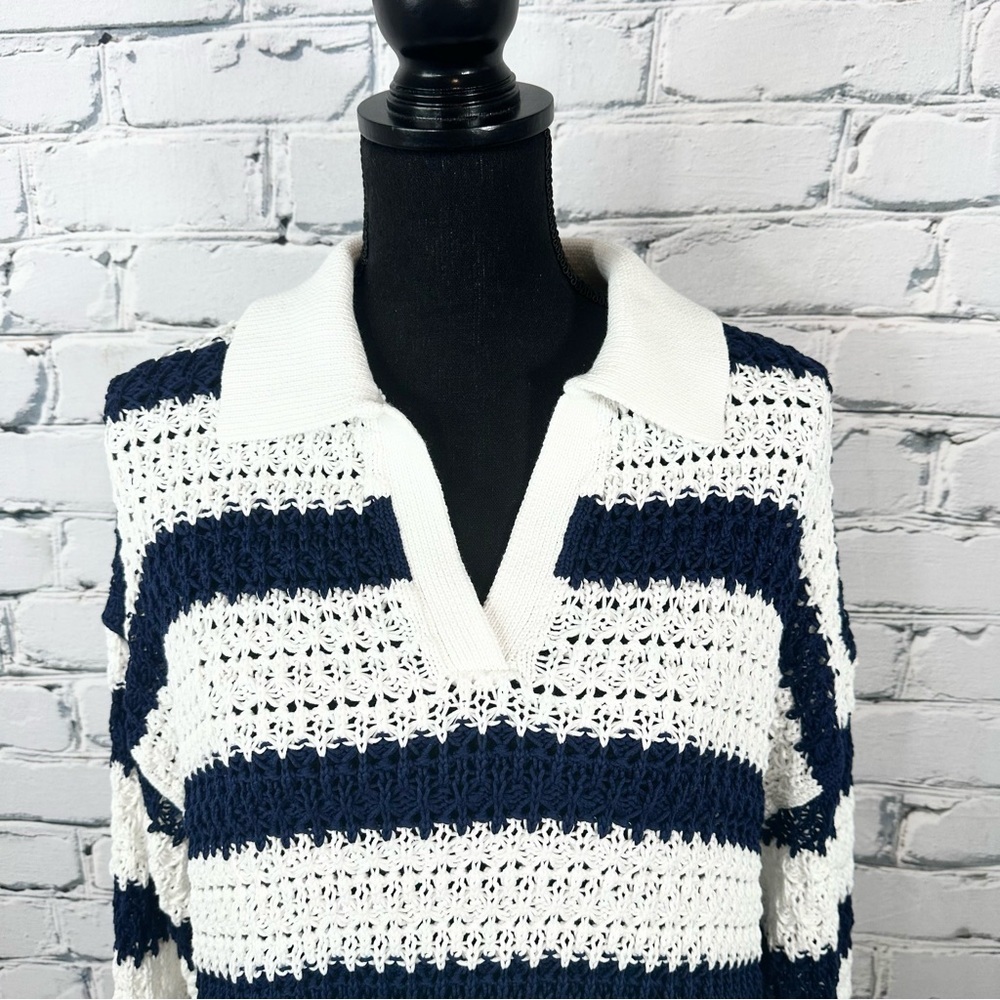 Talbots Open Knit Johnny Collar Pullover Striped Navy White XL Coastal Nautical - Picture 4 of 11